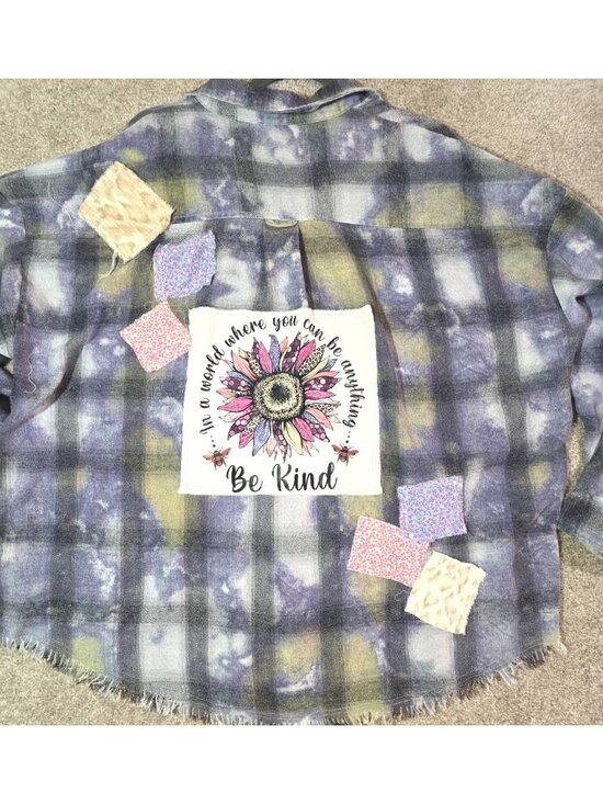 Tops - OOAK Upcycled Flannel Shacket Shirt Be Kind Sunflower Patch Oversized Women's 1X